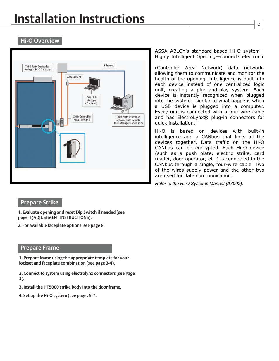 Installation instructions, Hi-o overview, Prepare strike | Prepare frame, Diagram a, Prepare strike wiring a. electrolynx connectors | HES HT5000 User Manual | Page 2 / 10