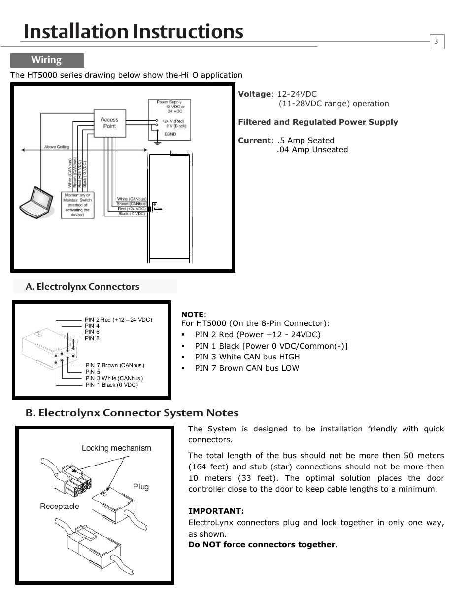 Installation instructions, Prepare strike wiring a. electrolynx connectors | HES HT5000 User Manual | Page 3 / 10