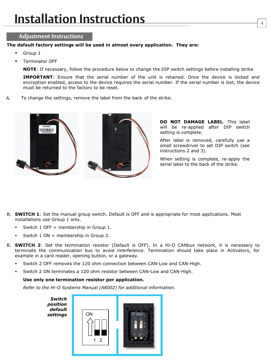 Installation instructions, Adjustment instructions | HES HT5000 User Manual | Page 4 / 10