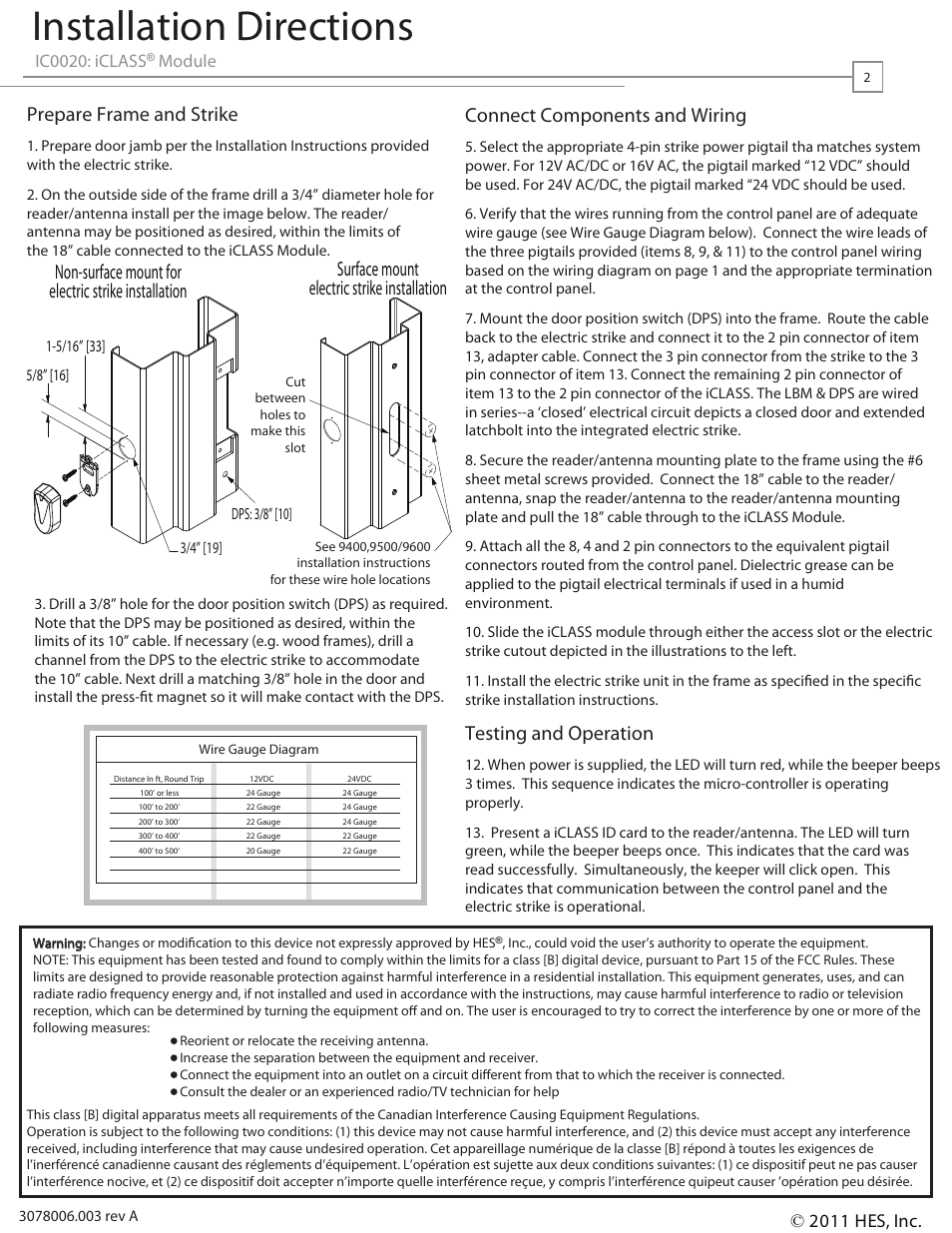 Installation directions, Testing and operation, Prepare frame and strike | Ic0020: iclass, Module, 2011 hes, inc | HES iCLASS User Manual | Page 2 / 2