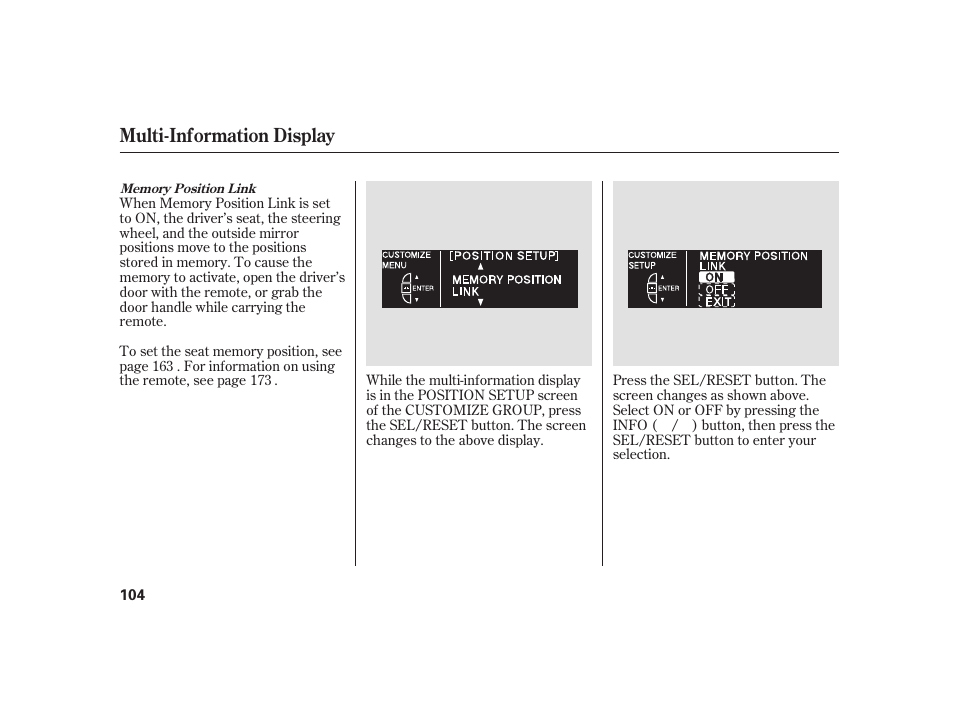 Multi-information display | Acura 2009 RL User Manual | Page 110 / 554