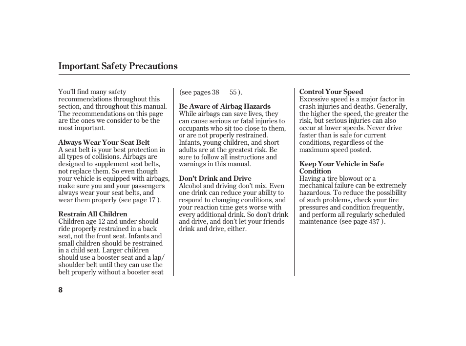 Important safety precautions | Acura 2009 RL User Manual | Page 14 / 554