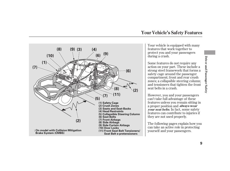 Your vehicle’s safety features | Acura 2009 RL User Manual | Page 15 / 554