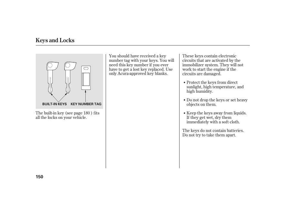 Keys and locks | Acura 2009 RL User Manual | Page 156 / 554