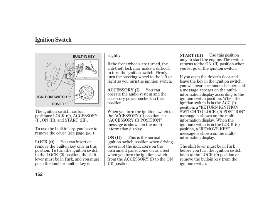 Ignition switch | Acura 2009 RL User Manual | Page 158 / 554