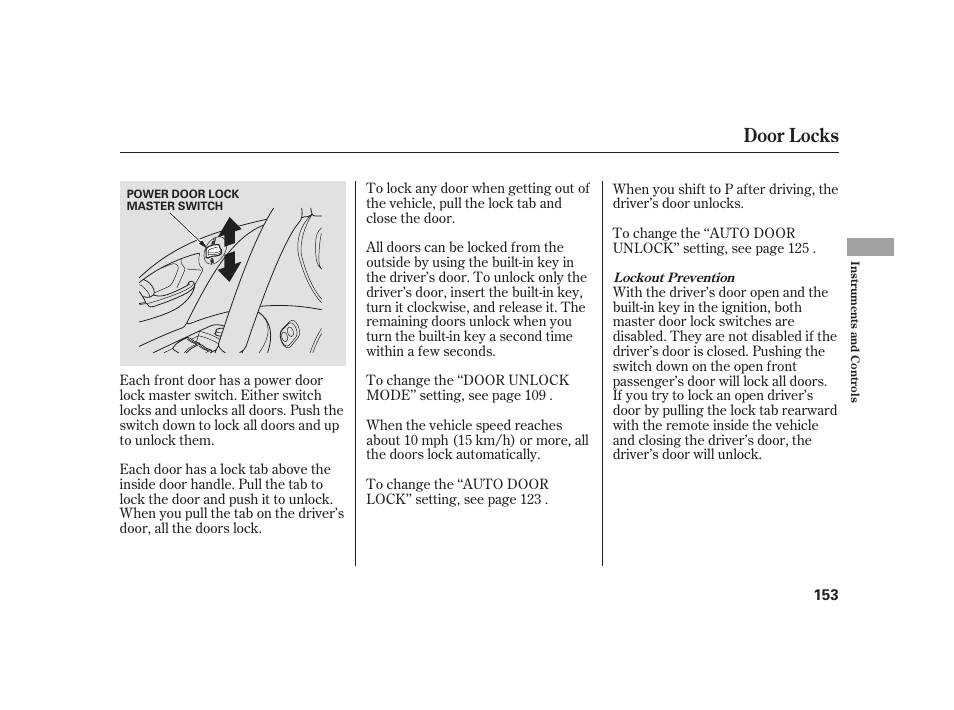 Door locks | Acura 2009 RL User Manual | Page 159 / 554