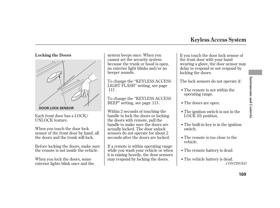 Keyless access system | Acura 2009 RL User Manual | Page 175 / 554