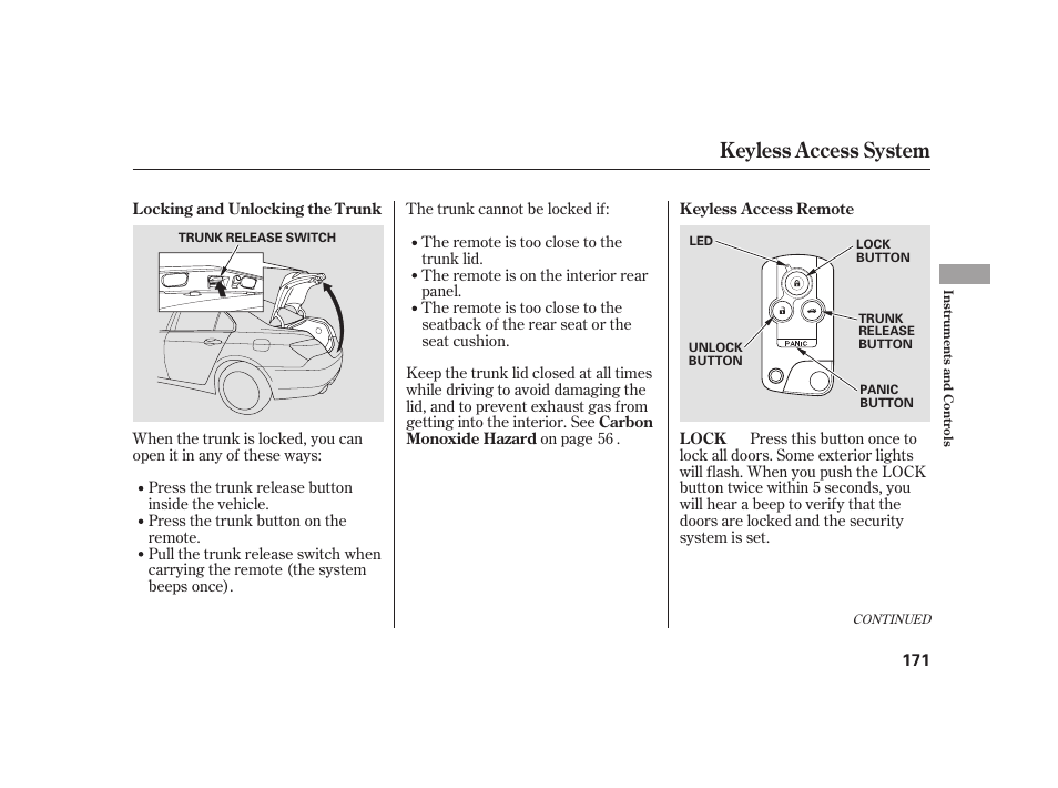 Keyless access system | Acura 2009 RL User Manual | Page 177 / 554