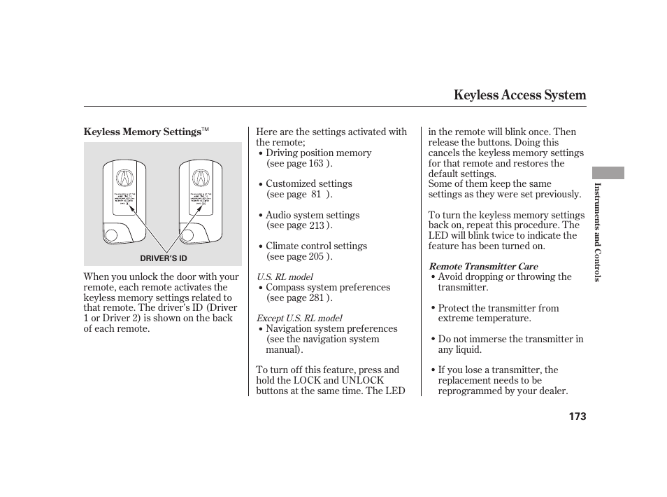 Keyless access system | Acura 2009 RL User Manual | Page 179 / 554