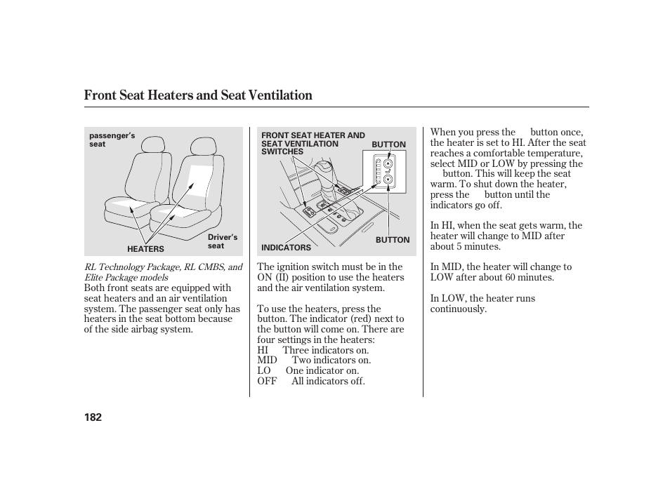 Front seat heaters and seat ventilation | Acura 2009 RL User Manual | Page 188 / 554