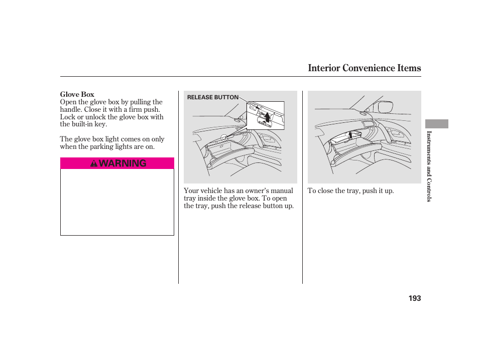 Interior convenience items | Acura 2009 RL User Manual | Page 199 / 554
