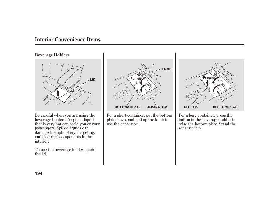 Interior convenience items | Acura 2009 RL User Manual | Page 200 / 554