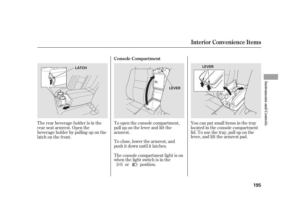 Interior convenience items | Acura 2009 RL User Manual | Page 201 / 554