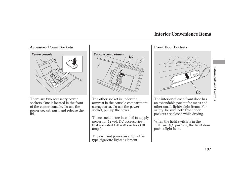 Interior convenience items | Acura 2009 RL User Manual | Page 203 / 554