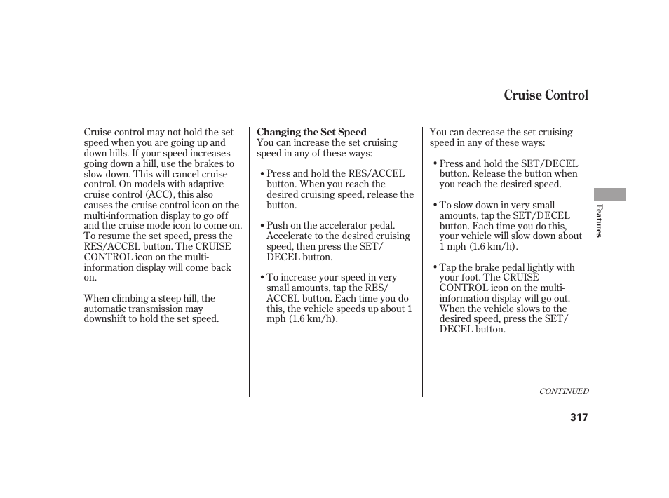 Cruise control | Acura 2009 RL User Manual | Page 323 / 554