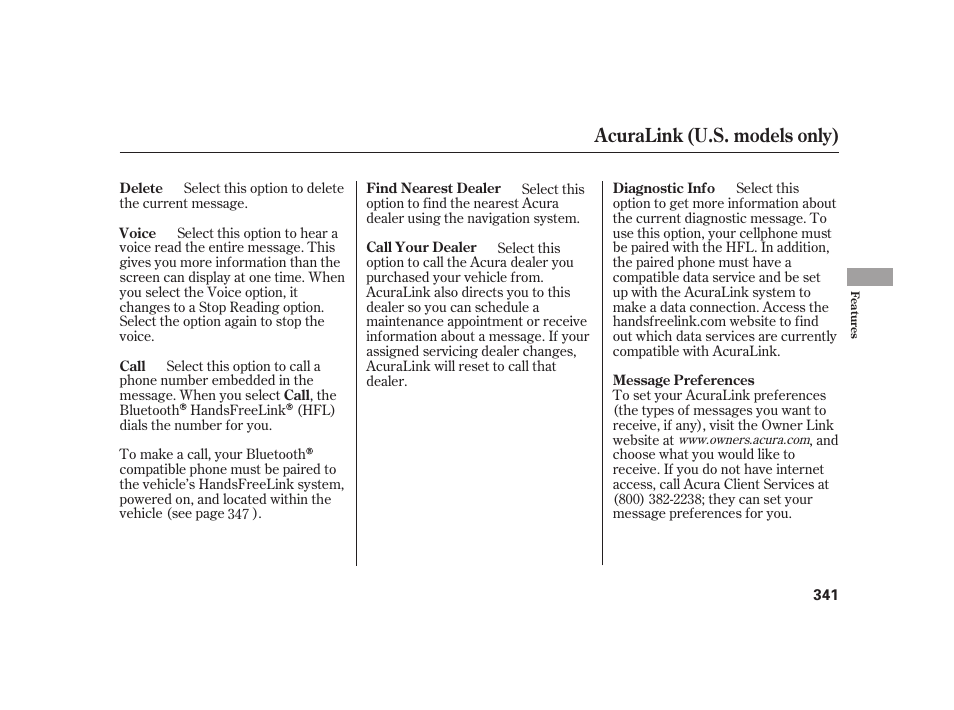 Acuralink (u.s. models only) | Acura 2009 RL User Manual | Page 347 / 554