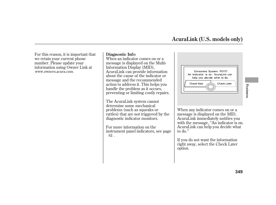 Acuralink (u.s. models only) | Acura 2009 RL User Manual | Page 355 / 554
