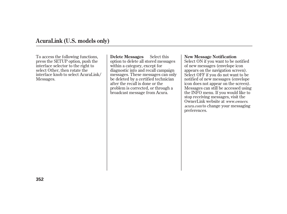 Acuralink (u.s. models only) | Acura 2009 RL User Manual | Page 358 / 554