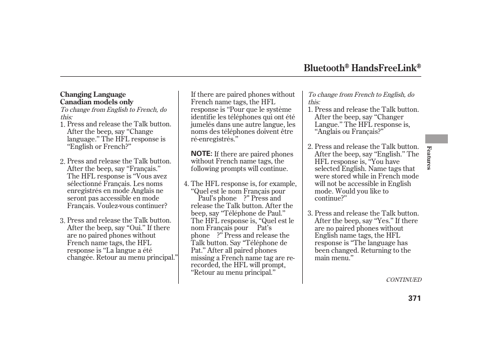 Bluetooth handsfreelink | Acura 2009 RL User Manual | Page 377 / 554