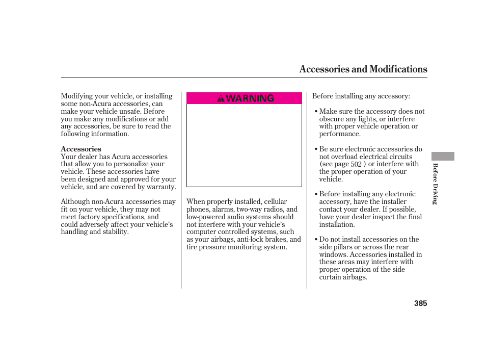 Accessories and modifications | Acura 2009 RL User Manual | Page 391 / 554