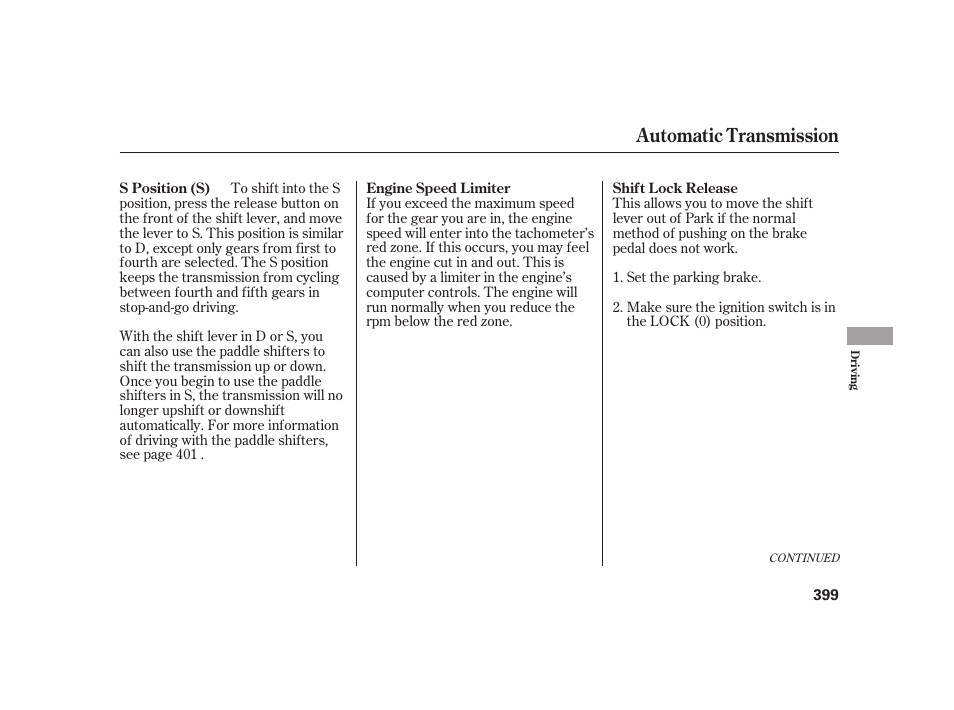 Automatic transmission | Acura 2009 RL User Manual | Page 405 / 554
