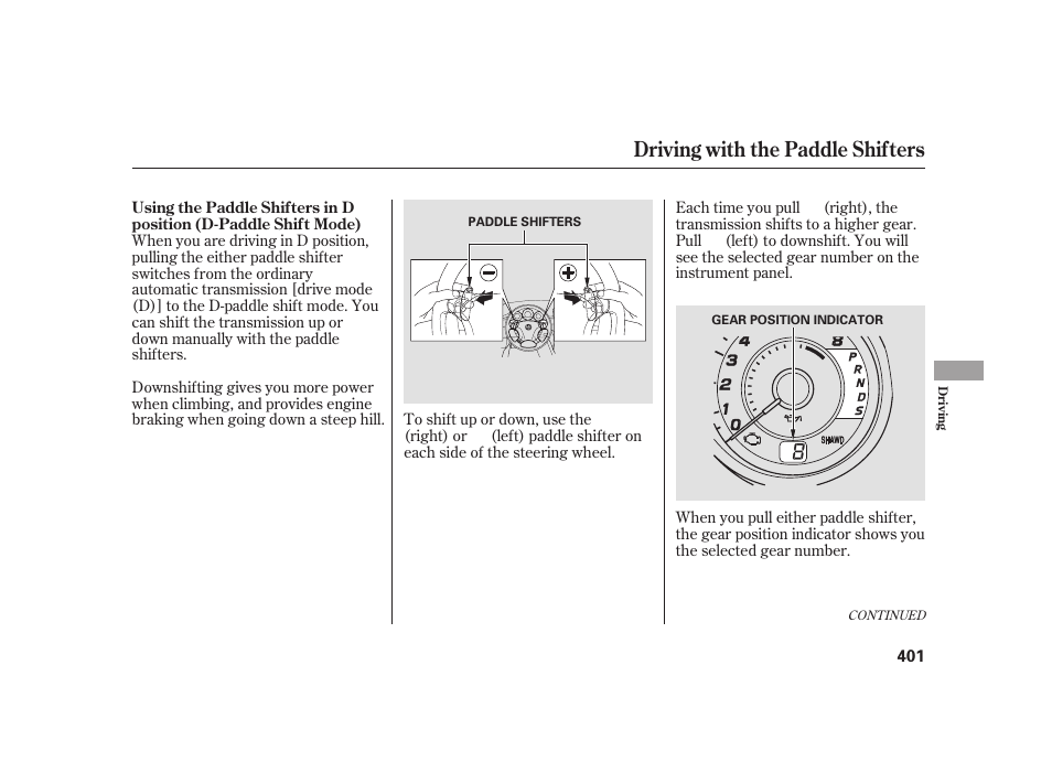 Driving with the paddle shifters | Acura 2009 RL User Manual | Page 407 / 554