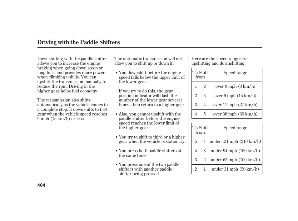 Driving with the paddle shifters | Acura 2009 RL User Manual | Page 410 / 554