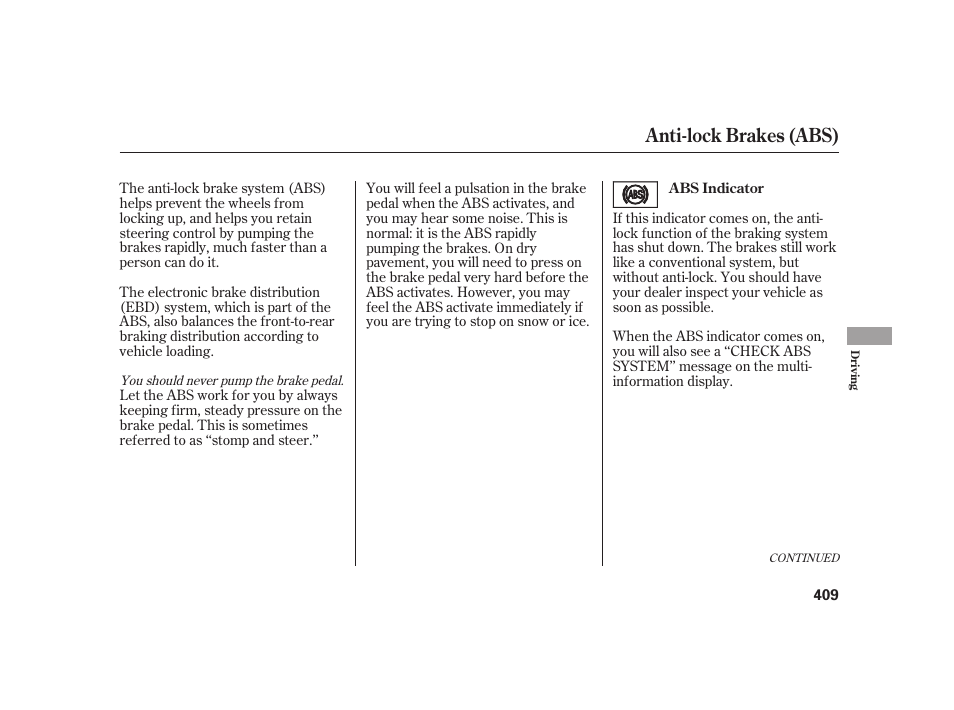 Anti-lock brakes (abs) | Acura 2009 RL User Manual | Page 415 / 554