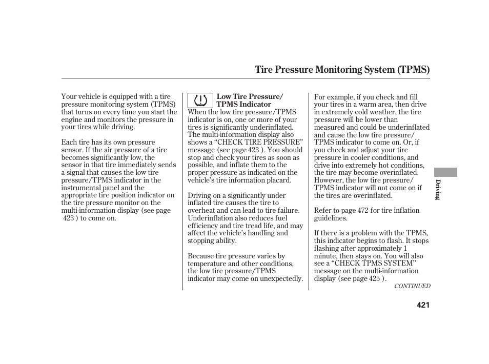 Tire pressure monitoring system (tpms) | Acura 2009 RL User Manual | Page 427 / 554