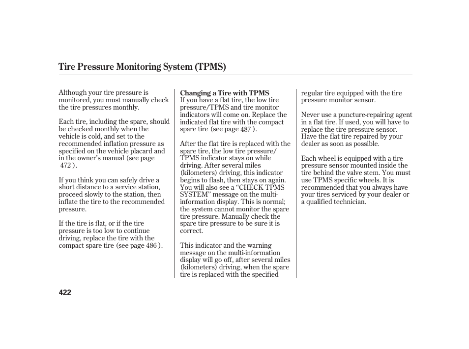 Tire pressure monitoring system (tpms) | Acura 2009 RL User Manual | Page 428 / 554