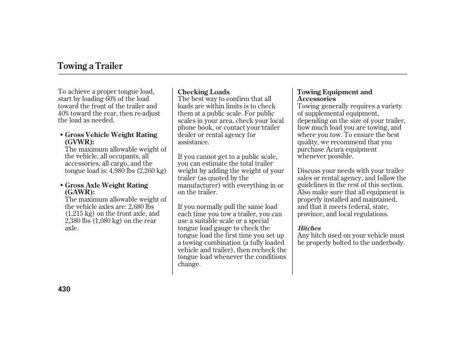 Towing a trailer | Acura 2009 RL User Manual | Page 436 / 554