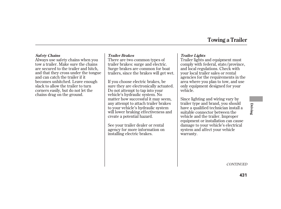 Towing a trailer | Acura 2009 RL User Manual | Page 437 / 554