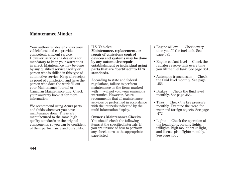 Maintenance minder | Acura 2009 RL User Manual | Page 450 / 554