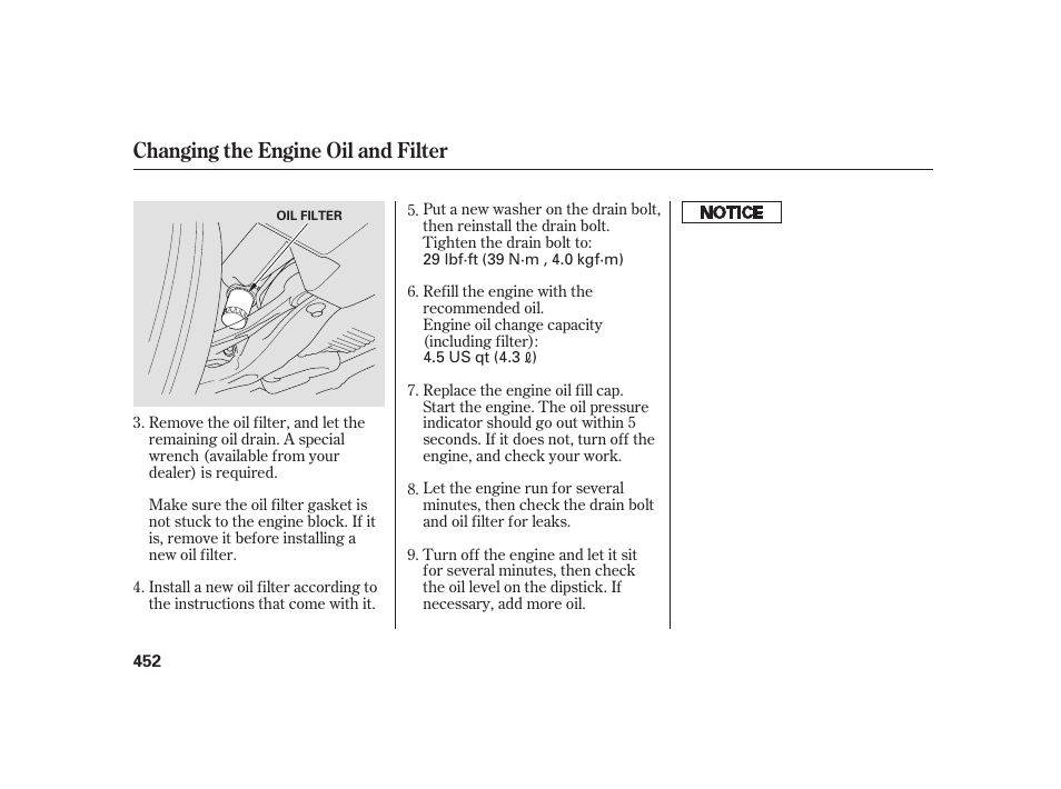 Changing the engine oil and filter | Acura 2009 RL User Manual | Page 458 / 554