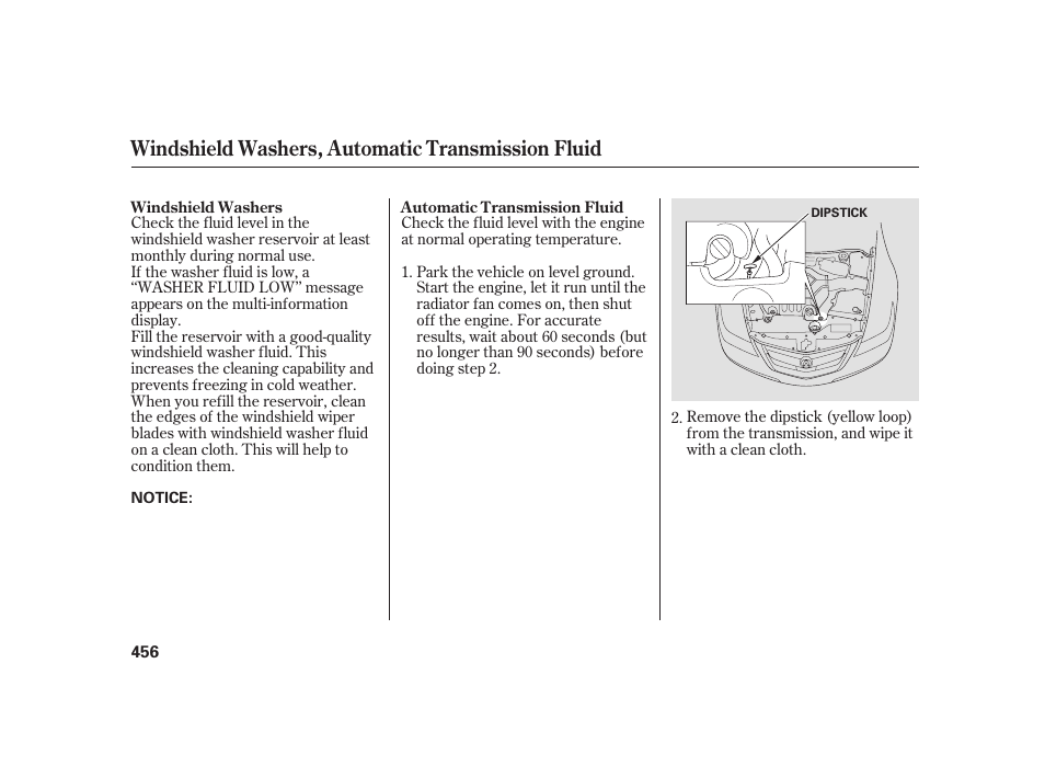 Windshield washers, automatic transmission fluid | Acura 2009 RL User Manual | Page 462 / 554