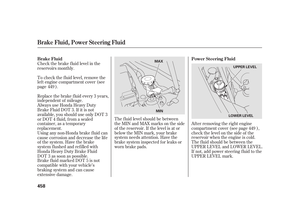 Brake fluid, power steering fluid | Acura 2009 RL User Manual | Page 464 / 554