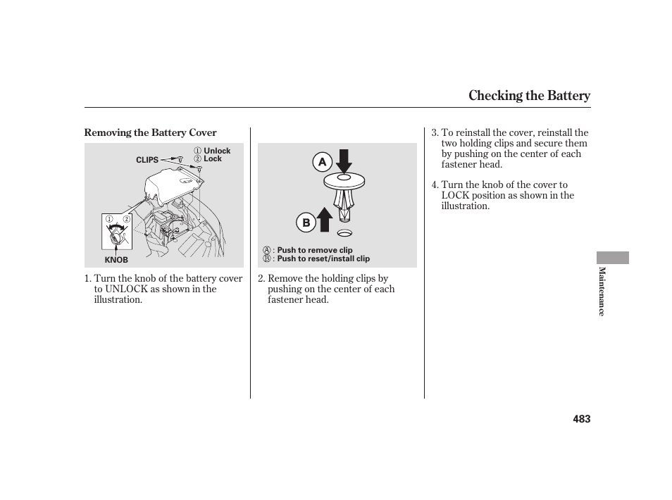 Checking the battery | Acura 2009 RL User Manual | Page 489 / 554