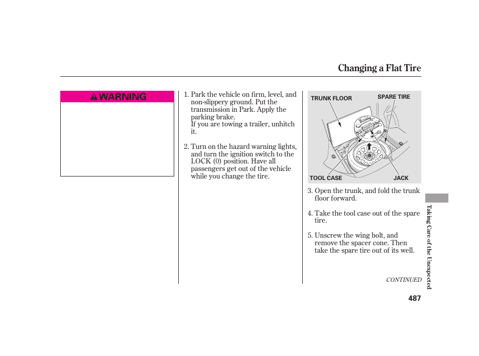 Changing a flat tire | Acura 2009 RL User Manual | Page 493 / 554