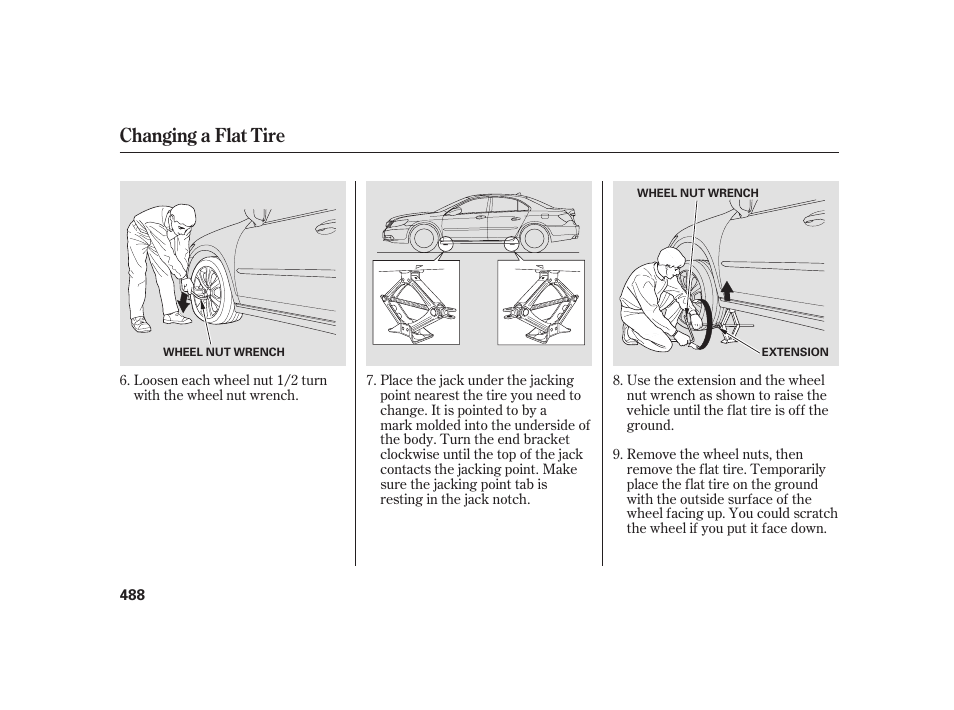 Changing a flat tire | Acura 2009 RL User Manual | Page 494 / 554