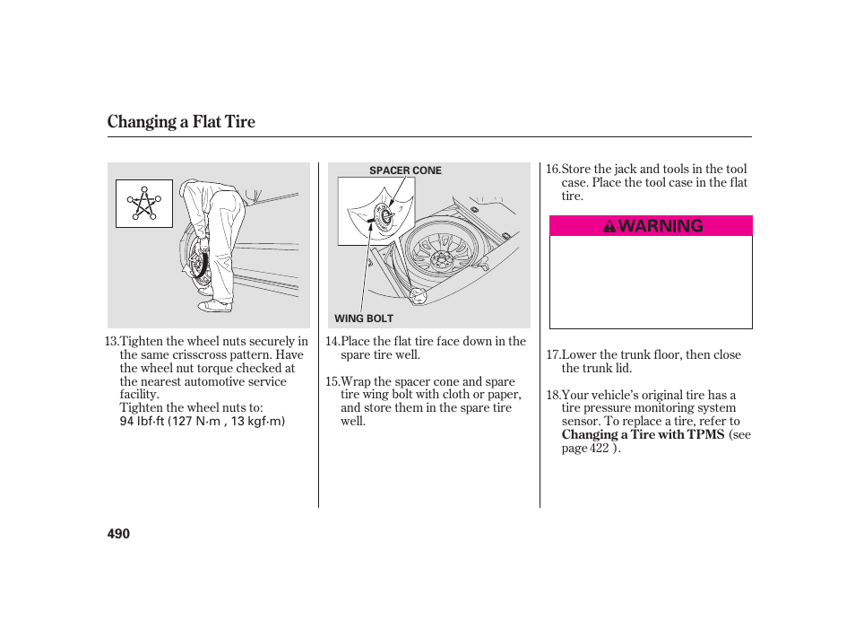 Changing a flat tire | Acura 2009 RL User Manual | Page 496 / 554