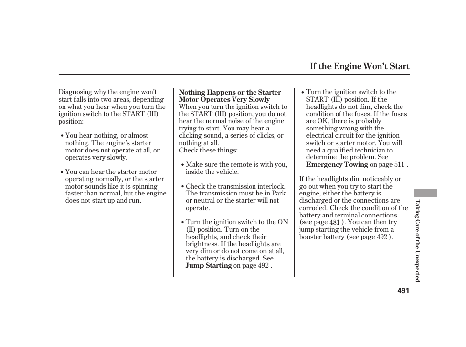 If the engine won’t start | Acura 2009 RL User Manual | Page 497 / 554