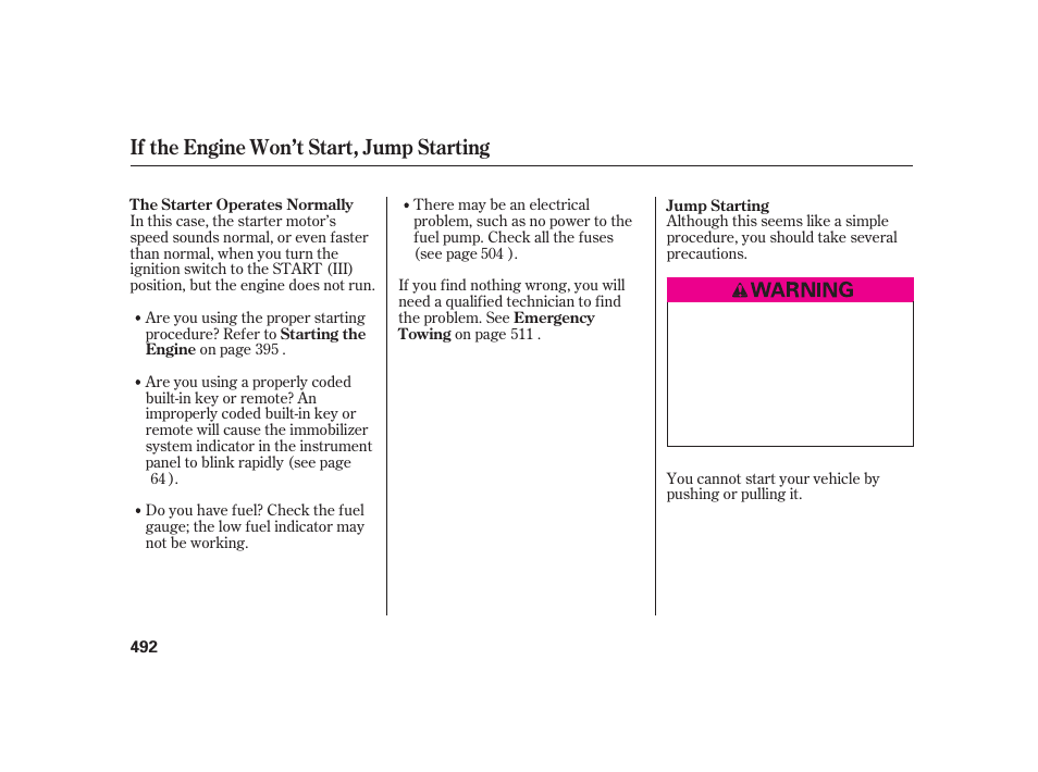 If the engine won’t start, jump starting | Acura 2009 RL User Manual | Page 498 / 554