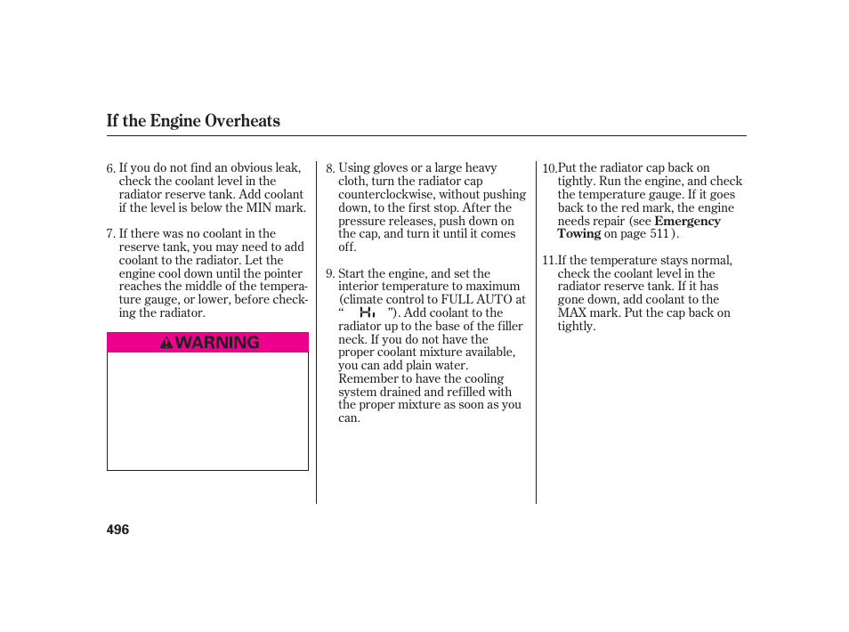 If the engine overheats | Acura 2009 RL User Manual | Page 502 / 554