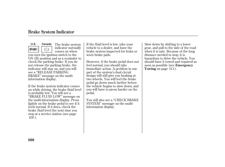 Brake system indicator | Acura 2009 RL User Manual | Page 506 / 554