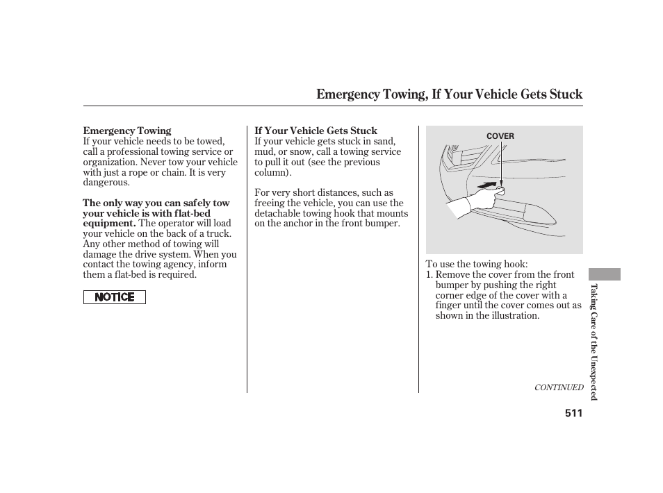 Emergency towing, if your vehicle gets stuck | Acura 2009 RL User Manual | Page 517 / 554