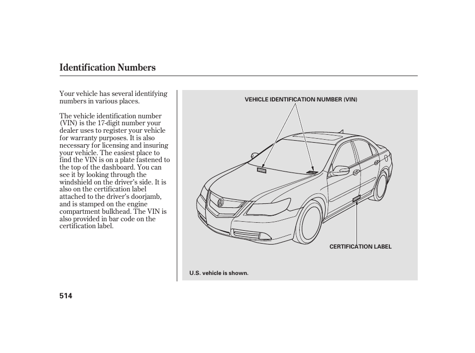 Identification numbers | Acura 2009 RL User Manual | Page 520 / 554