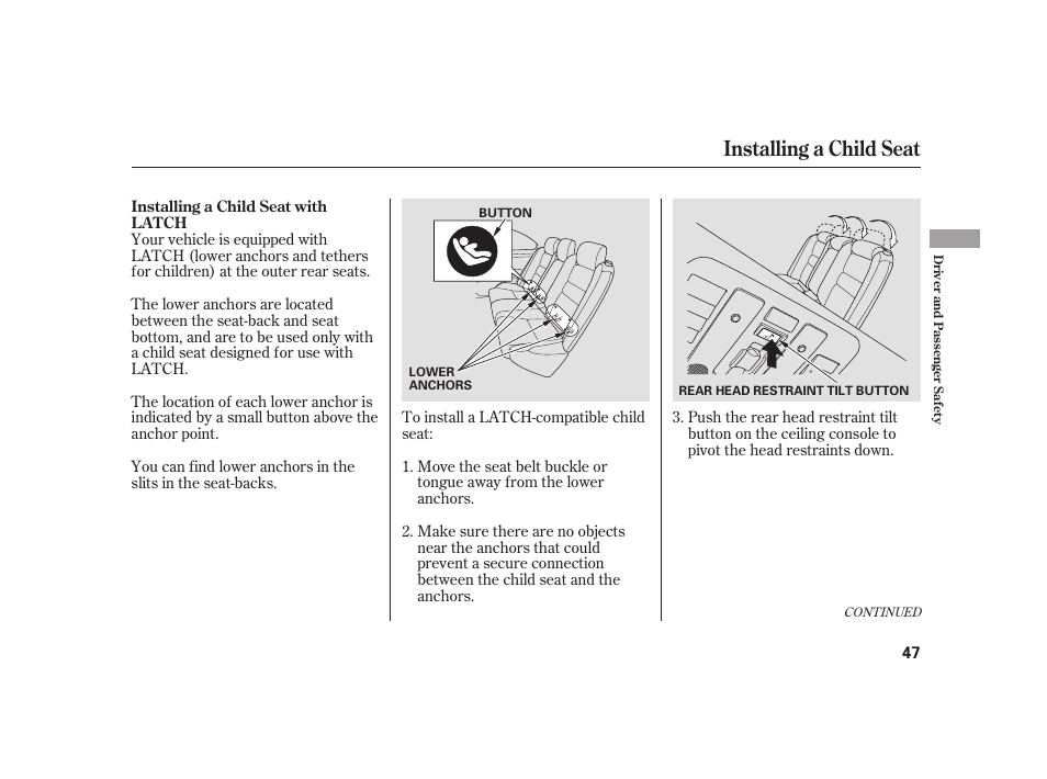 Installing a child seat | Acura 2009 RL User Manual | Page 53 / 554