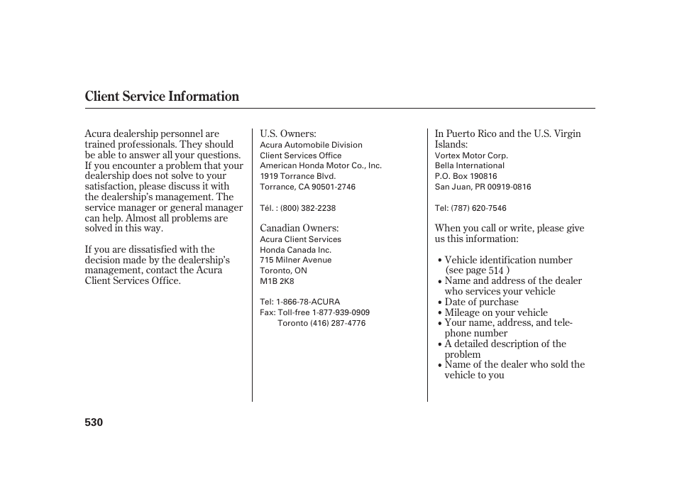 Client service information | Acura 2009 RL User Manual | Page 536 / 554