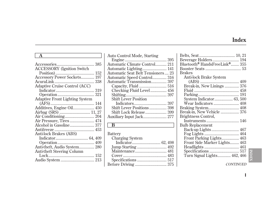 Index | Acura 2009 RL User Manual | Page 541 / 554