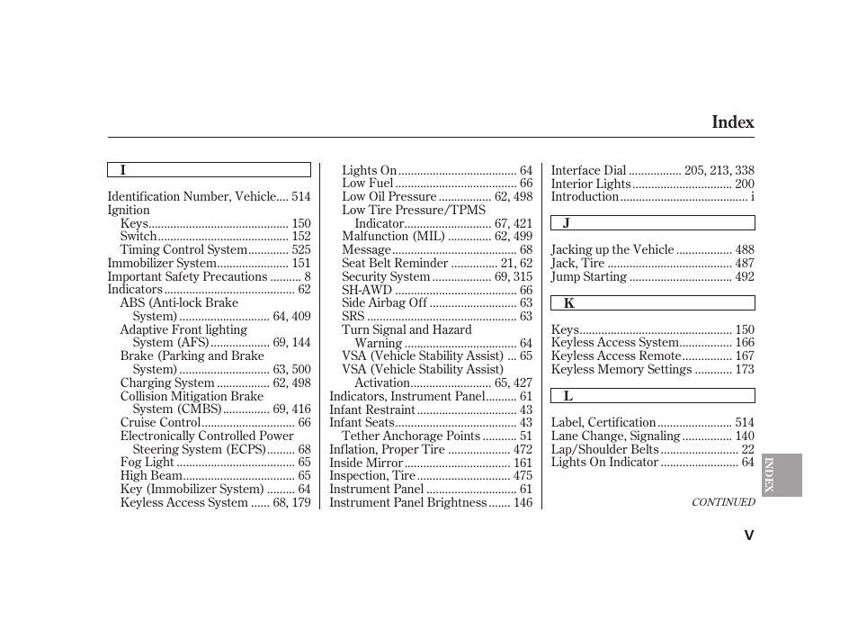 Index | Acura 2009 RL User Manual | Page 545 / 554